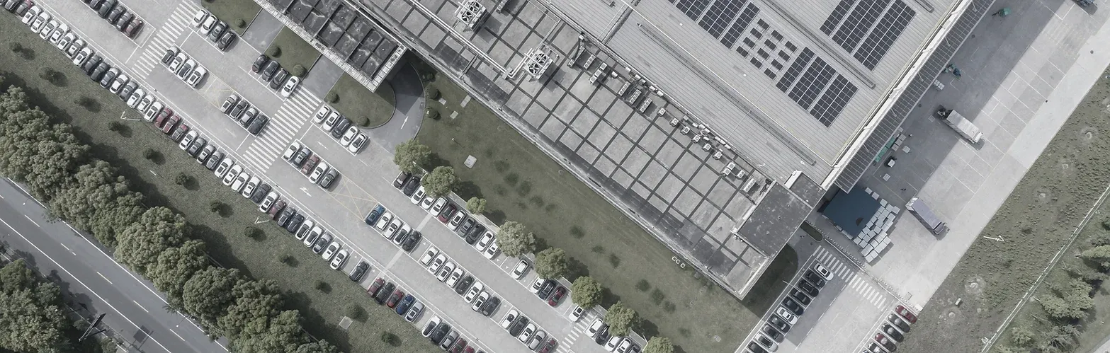 Aerial view of a developed industrial plot with solar roof