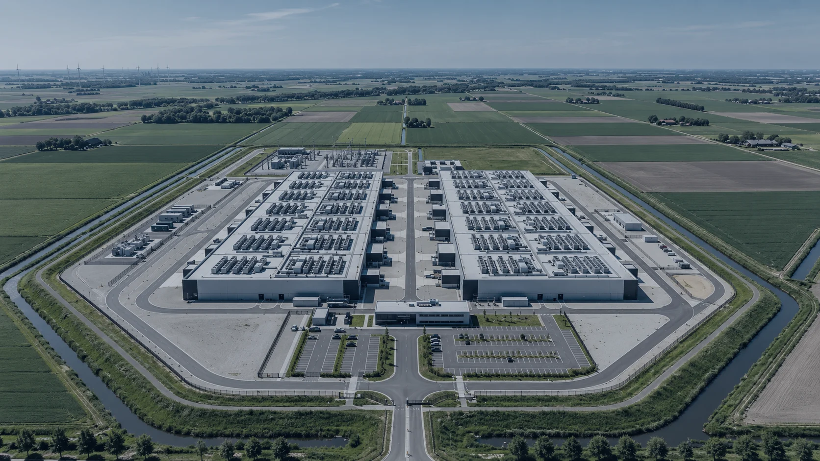 Aerial view of a two-hall hyperscale data centre campus with substation in open farmland