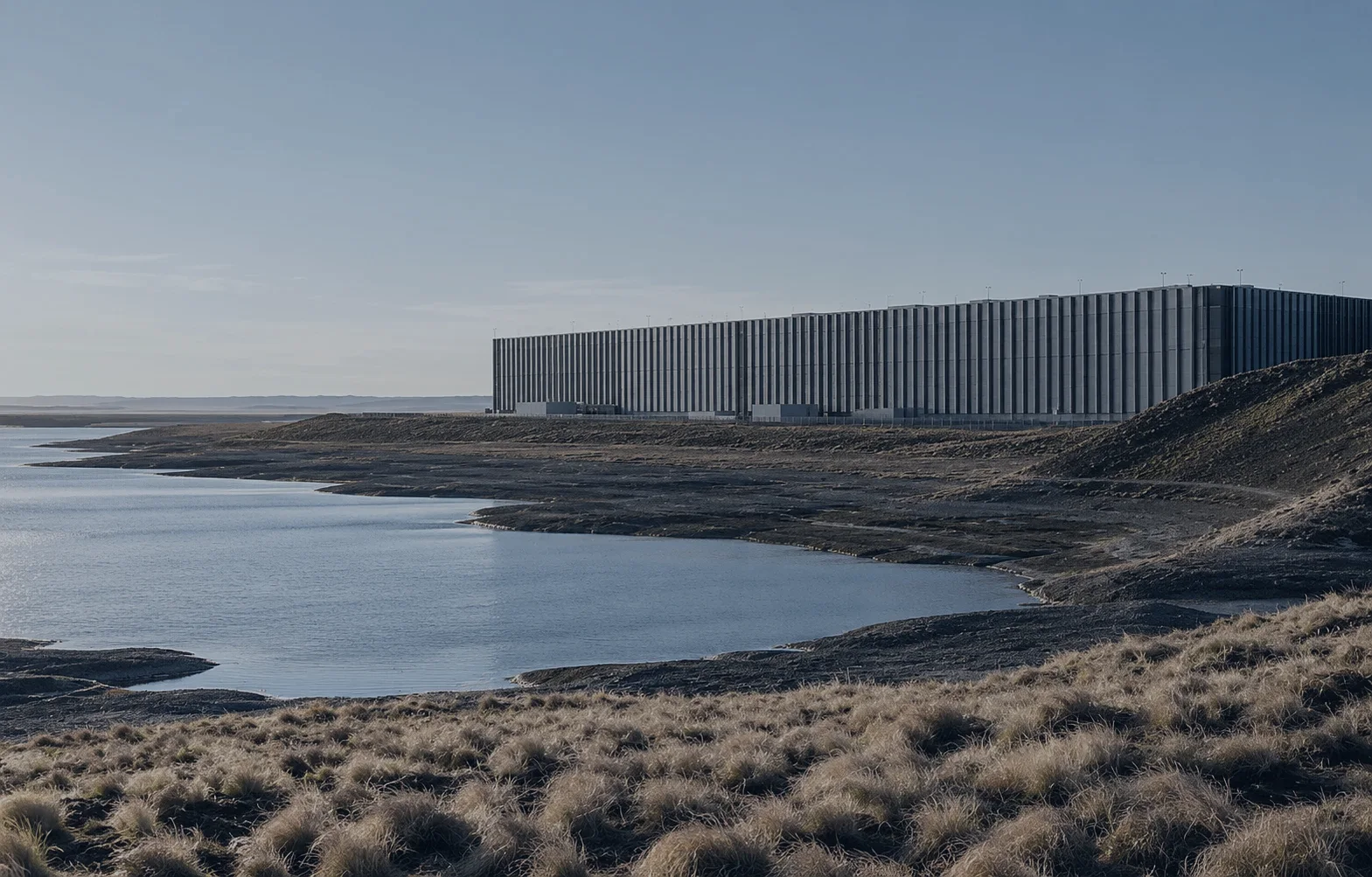 Data centre building on a northern coastline beside open water