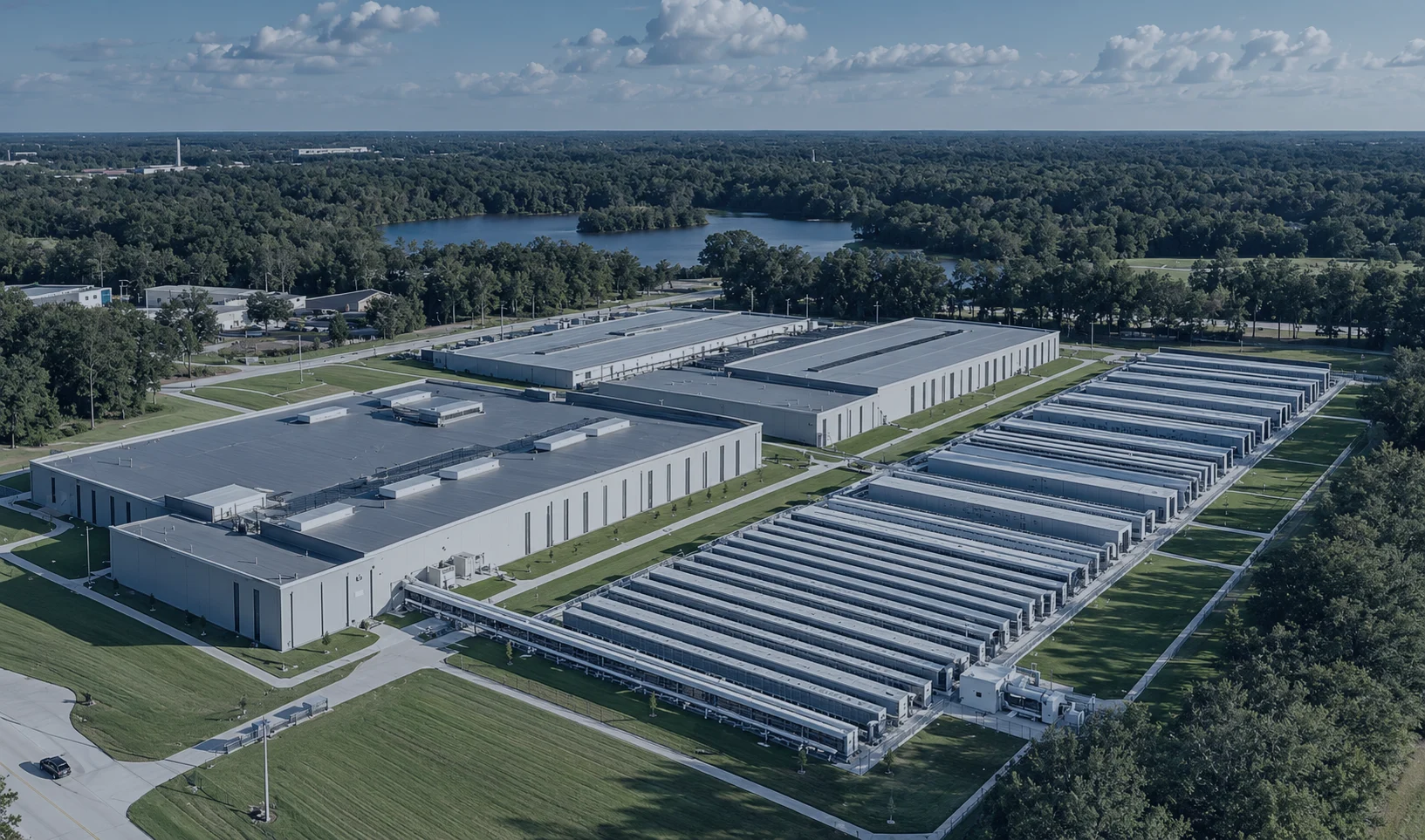 Aerial view of a data centre campus with rows of prefabricated modular units