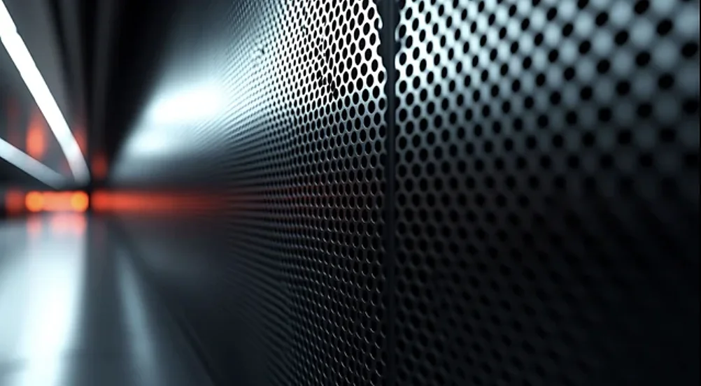 Perforated metal panels in a data hall corridor